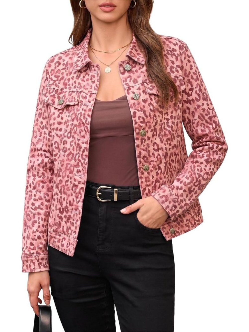 Women's Pink Cheetah Print Denim Jean Jacket Western Casual Trucker Coat